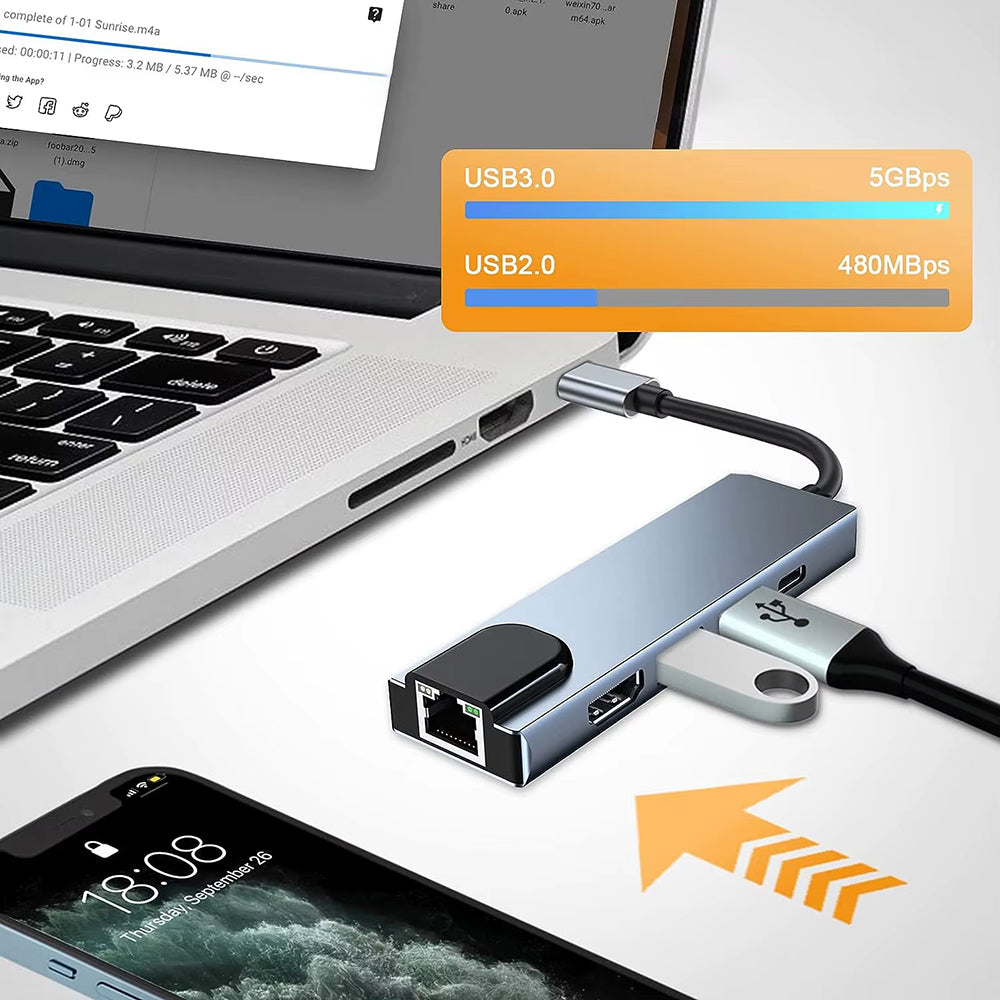 Hub USB-C Techsuit H1 NetBridge, 5w1, Szary