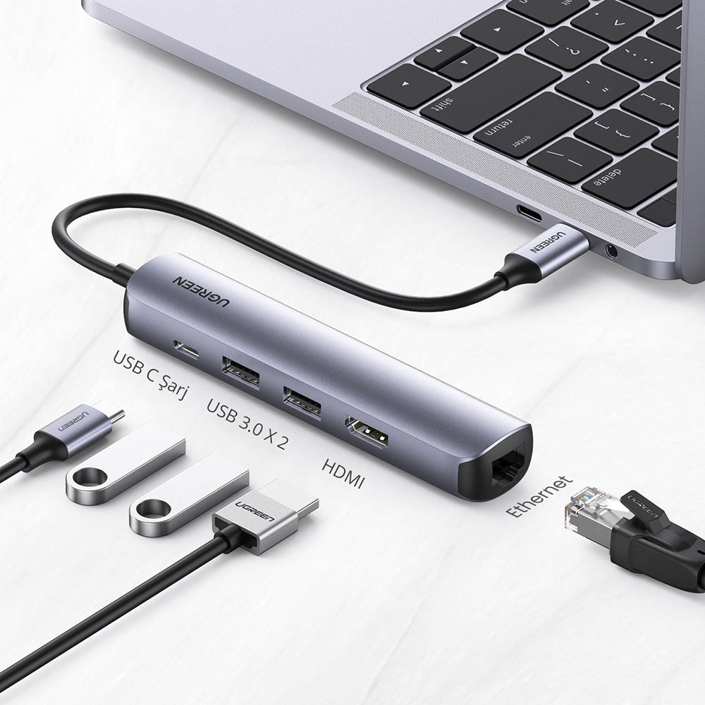 UGREEN CM418 USB-C Hub (10919), 2 x USB-A 3.0 - 1 x USB-C - 1 x HDMI - 1 x RJ45, Gray
