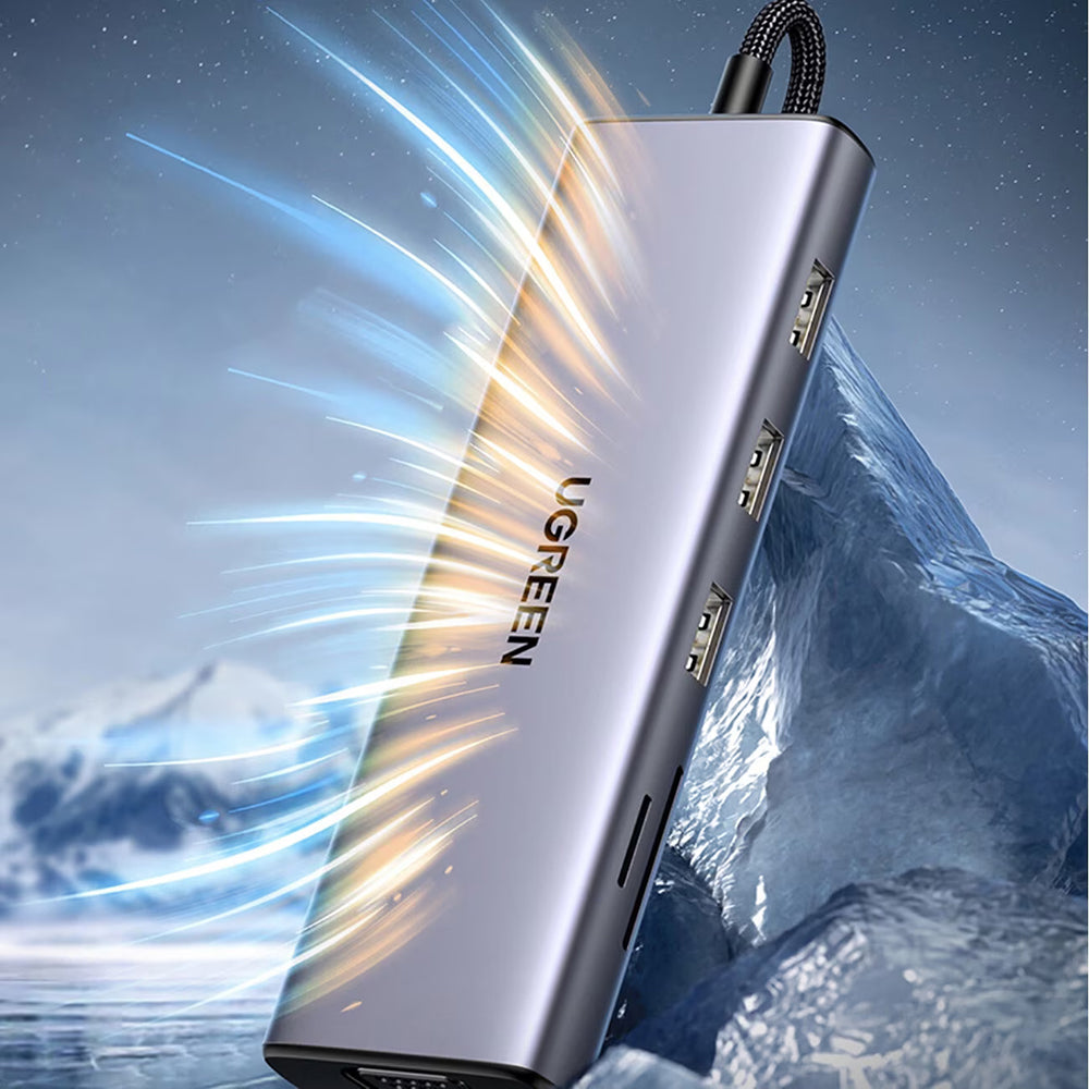 Hub USB-C UGREEN CM498 (15600), 3 x USB-A 3.0 - 1 x USB-C - 1 x HDMI - 1 x VGA - 1 x RJ45 - 1 x SD - 1 x microSD, Szary