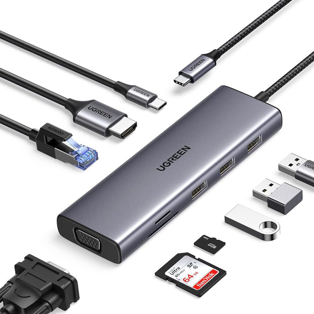 Hub USB-C UGREEN CM498 (15600), 3 x USB-A 3.0 - 1 x USB-C - 1 x HDMI - 1 x VGA - 1 x RJ45 - 1 x SD - 1 x microSD, Szary