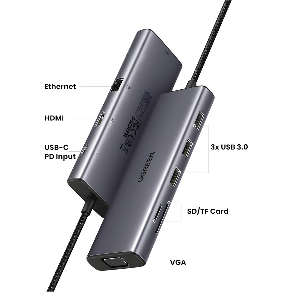 Hub USB-C UGREEN CM498 (15600), 3 x USB-A 3.0 - 1 x USB-C - 1 x HDMI - 1 x VGA - 1 x RJ45 - 1 x SD - 1 x microSD, Szary