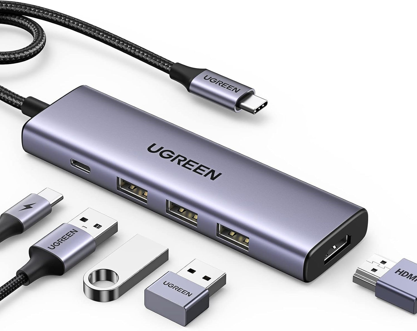 Hub USB-C UGREEN CM511, 3 x USB-A 3.0 - 1 x USB-C - 1 x HDMI, Szary