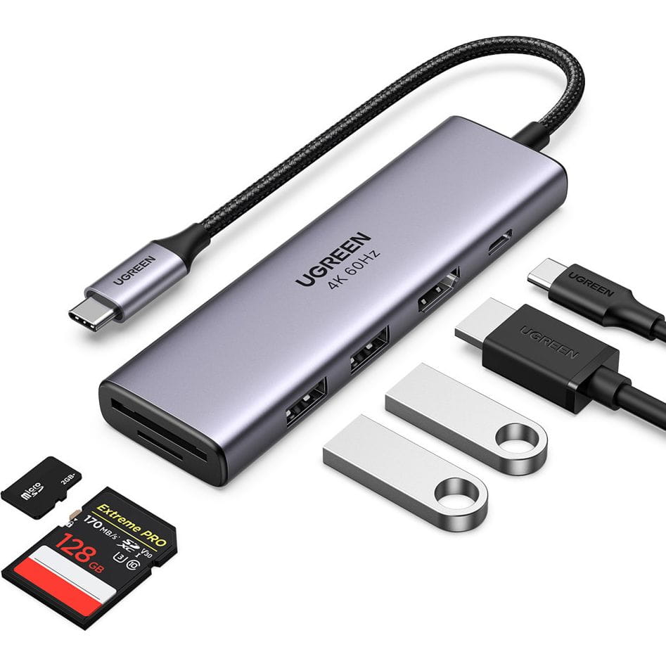 Hub USB-C UGREEN CM511 (60384), 2 x USB-A 3.0 - 1 x USB-C - 1 x HDMI - 1 x SD - 1 x microSD, Szary