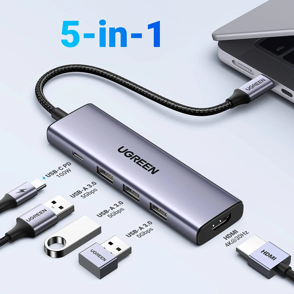 Hub USB-C UGREEN CM511 (15596), 3 x USB-A 3.0 - 1 x USB-C - 1 x HDMI, Szary