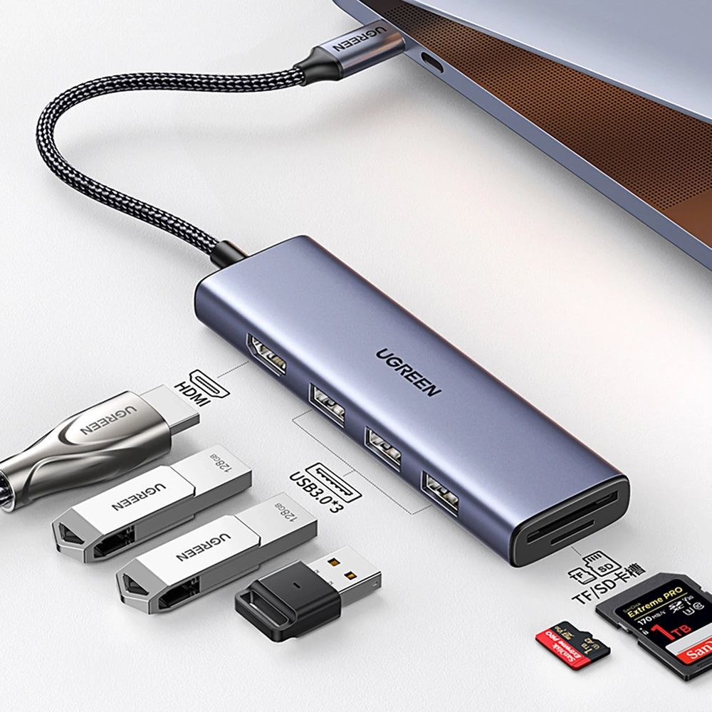Hub USB-C UGREEN CM511 (20956A), 3 x USB-A 3.0 - 1 x HDMI - 1 x SD - 1 x microSD, Szary