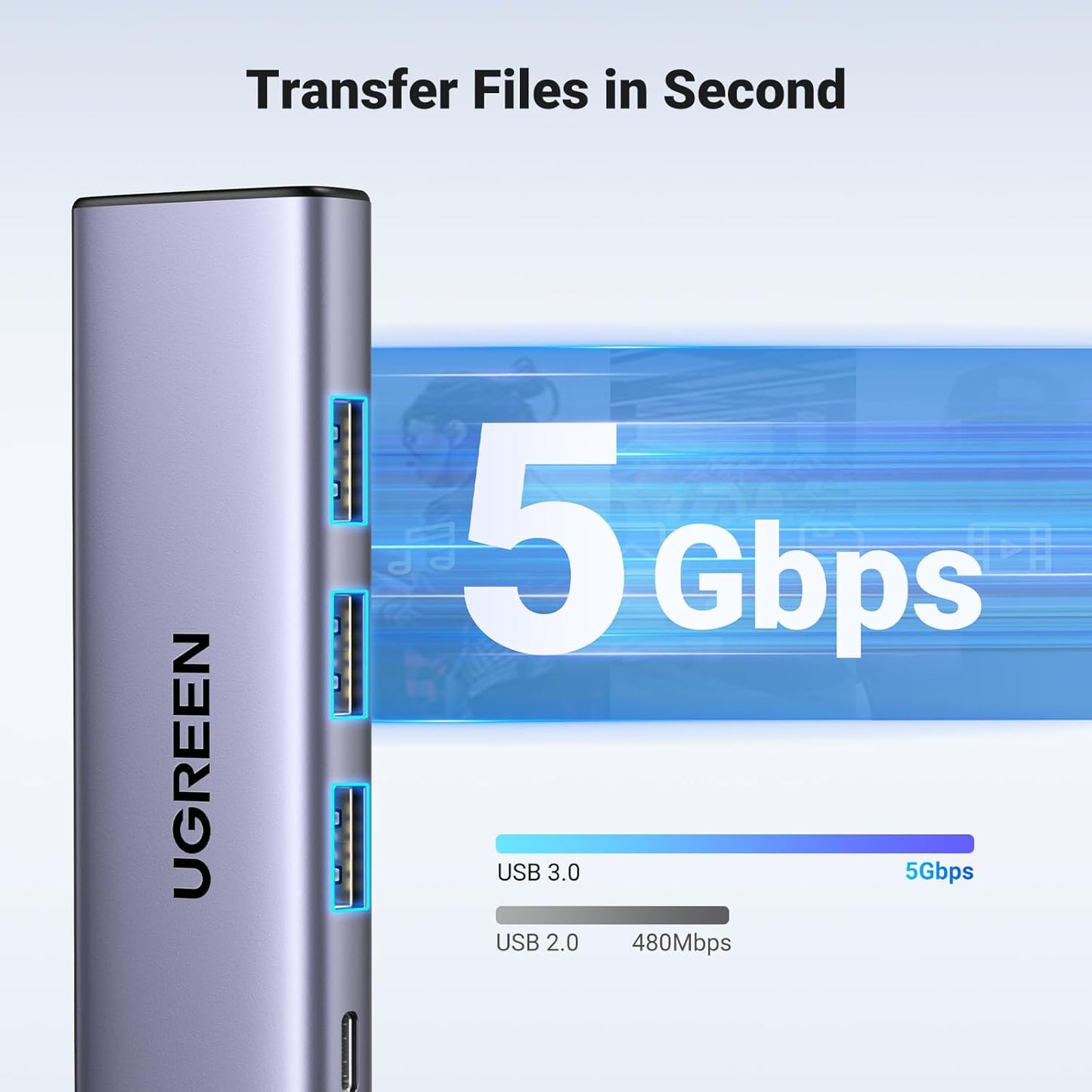 Hub USB-C UGREEN CM511, 3 x USB-A 3.0 - 1 x USB-C - 1 x HDMI, Szary