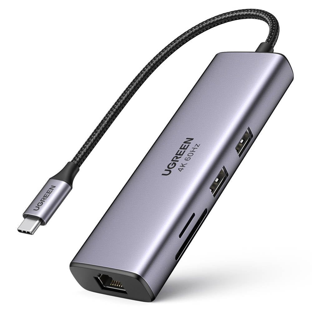 Hub USB-C UGREEN CM512 (60515), 2 x USB-A 3.0 - 1 x USB-C - 1 x HDMI - 1 x SD - 1 x microSD - 1 x RJ45, Szary