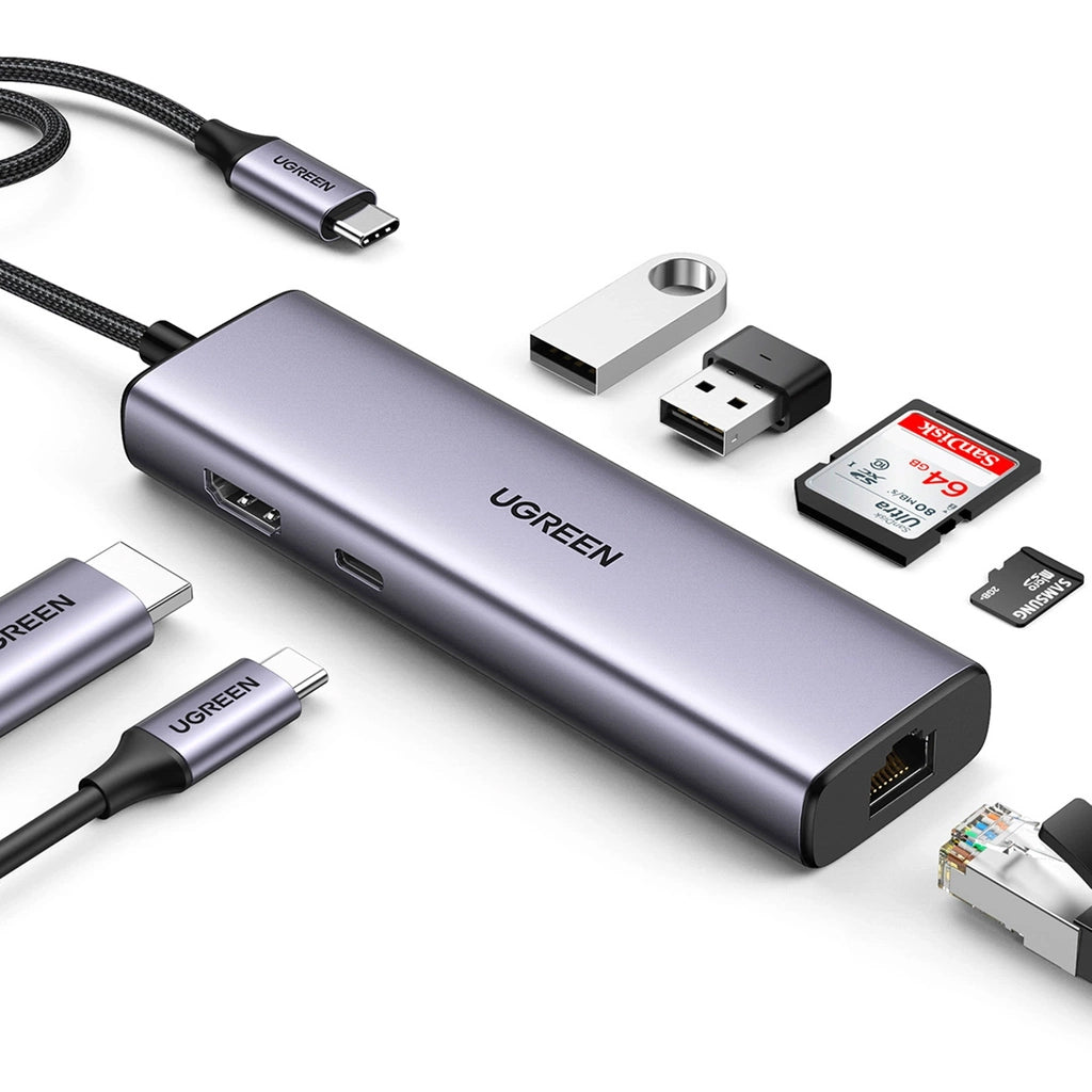 Hub USB-C UGREEN CM512 (90568), 2 x USB-A 3.0 - 1 x USB-C - 1 x HDMI - 1 x RJ45 - 1 x SD - 1 x microSD, Szary