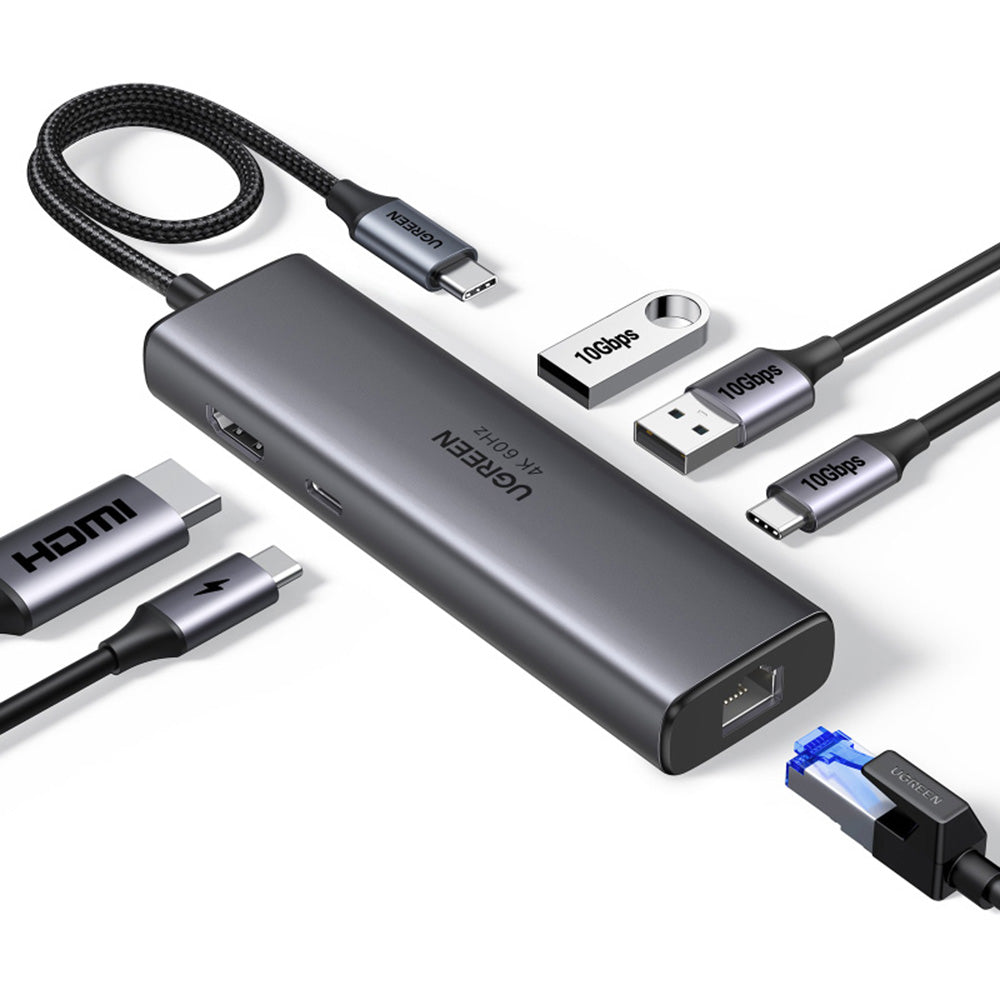 Hub USB-C UGREEN CM512 (45000), 2 x USB-A 3.2 - 2 x USB-C - 1 x HDMI - 1 x RJ45, Szary