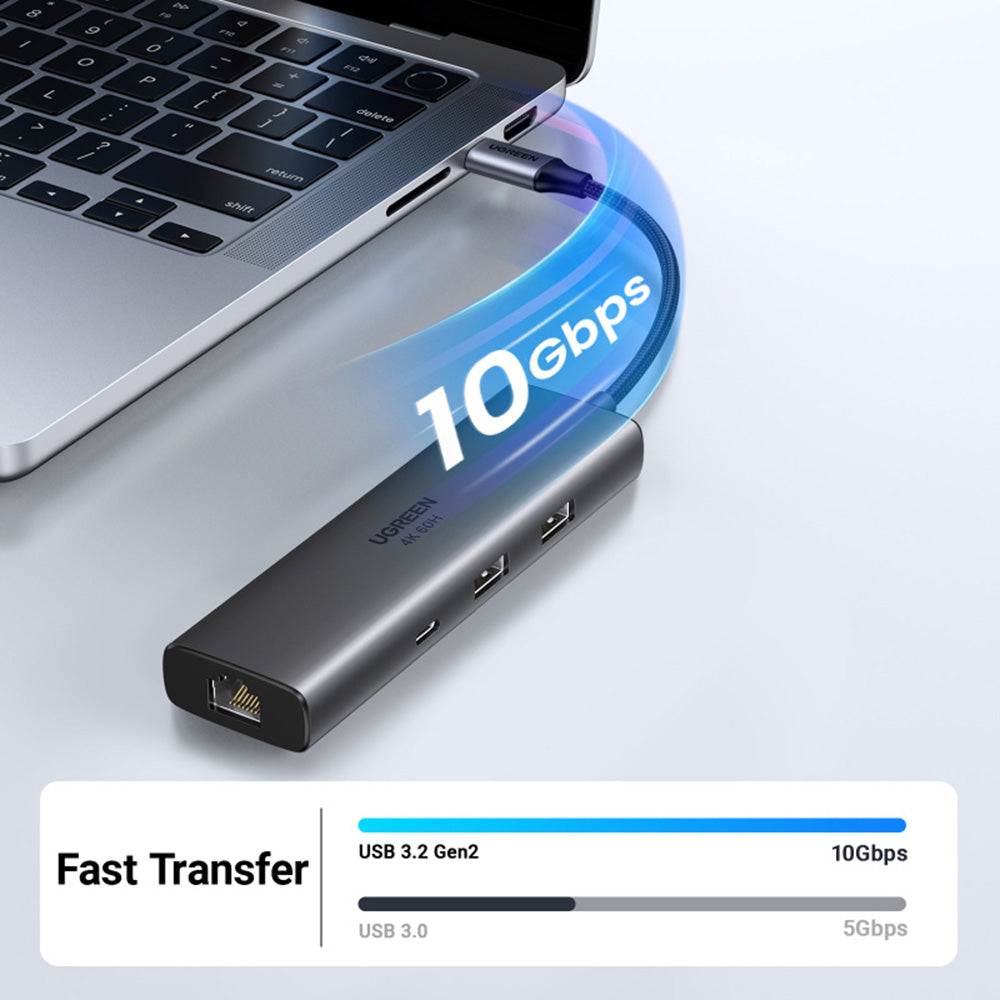 Hub USB-C UGREEN CM512 (45000), 2 x USB-A 3.2 - 2 x USB-C - 1 x HDMI - 1 x RJ45, Szary