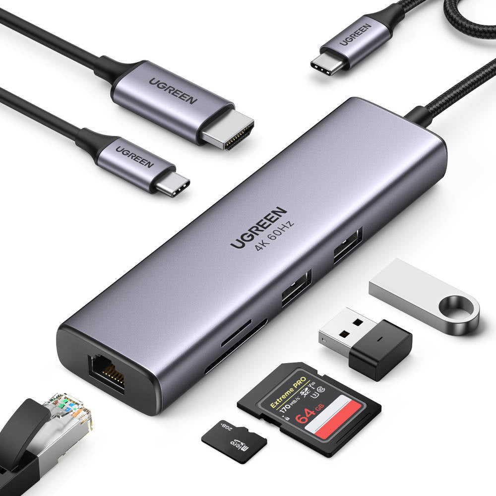 Hub USB-C UGREEN CM512 (60515), 2 x USB-A 3.0 - 1 x USB-C - 1 x HDMI - 1 x SD - 1 x microSD - 1 x RJ45, Szary