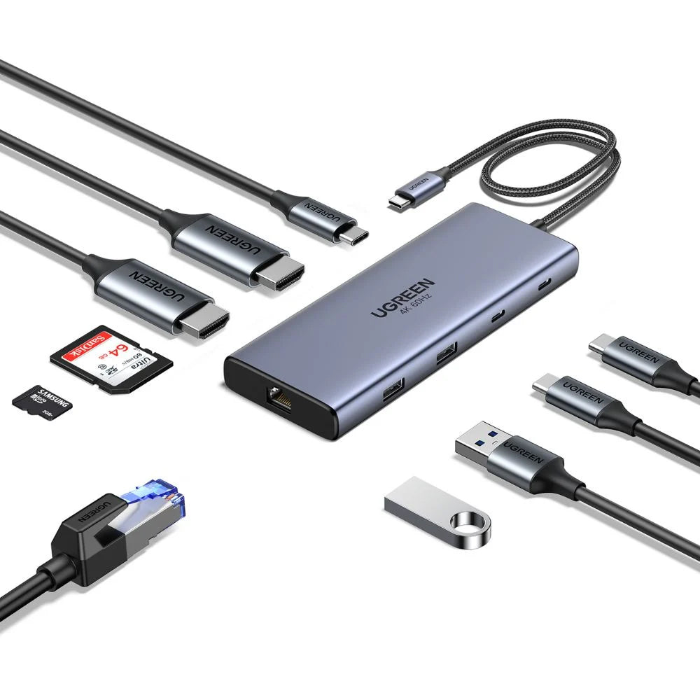 Hub USB-C UGREEN CM639 (45380), 2 x USB-A 3.2 - 3 x USB-C - 2 x HDMI - 1 x RJ45 - 1 x SD - 1 x microSD, Szary