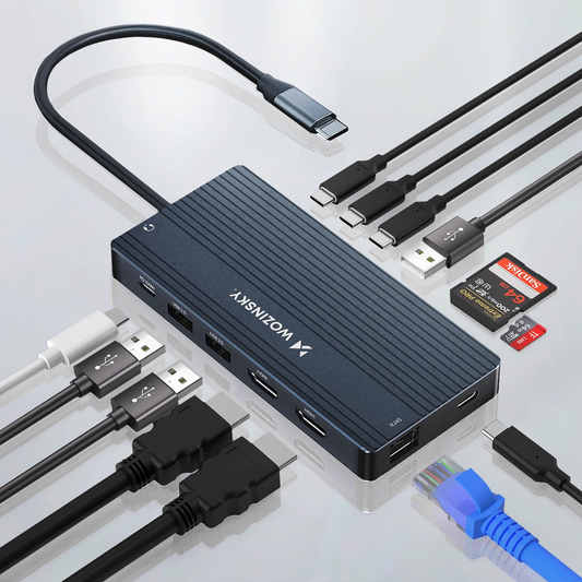 Hub USB-C WZK WDS03Y5S, 1 x USB-A 3.1 - 2 x USB-A - 5 x USB-C - 2 x HDMI - 1 x Jack 3.5mm - 1 x RJ45 - 1 x SD - 1 x microSD, Szary