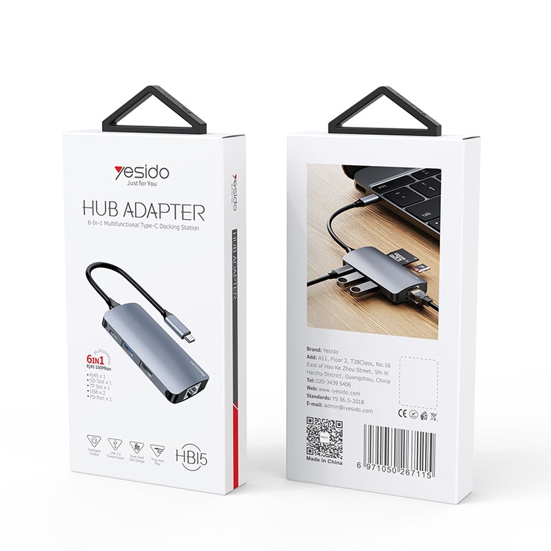 Hub USB-C Yesido HB15, 6w1, Szary