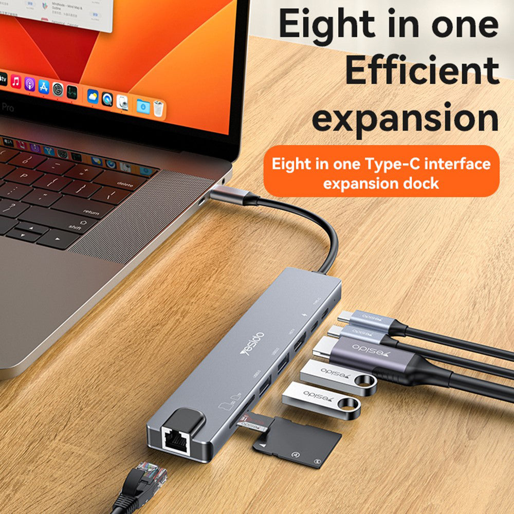 Hub USB-C Yesido HB27, 8w1, Szary
