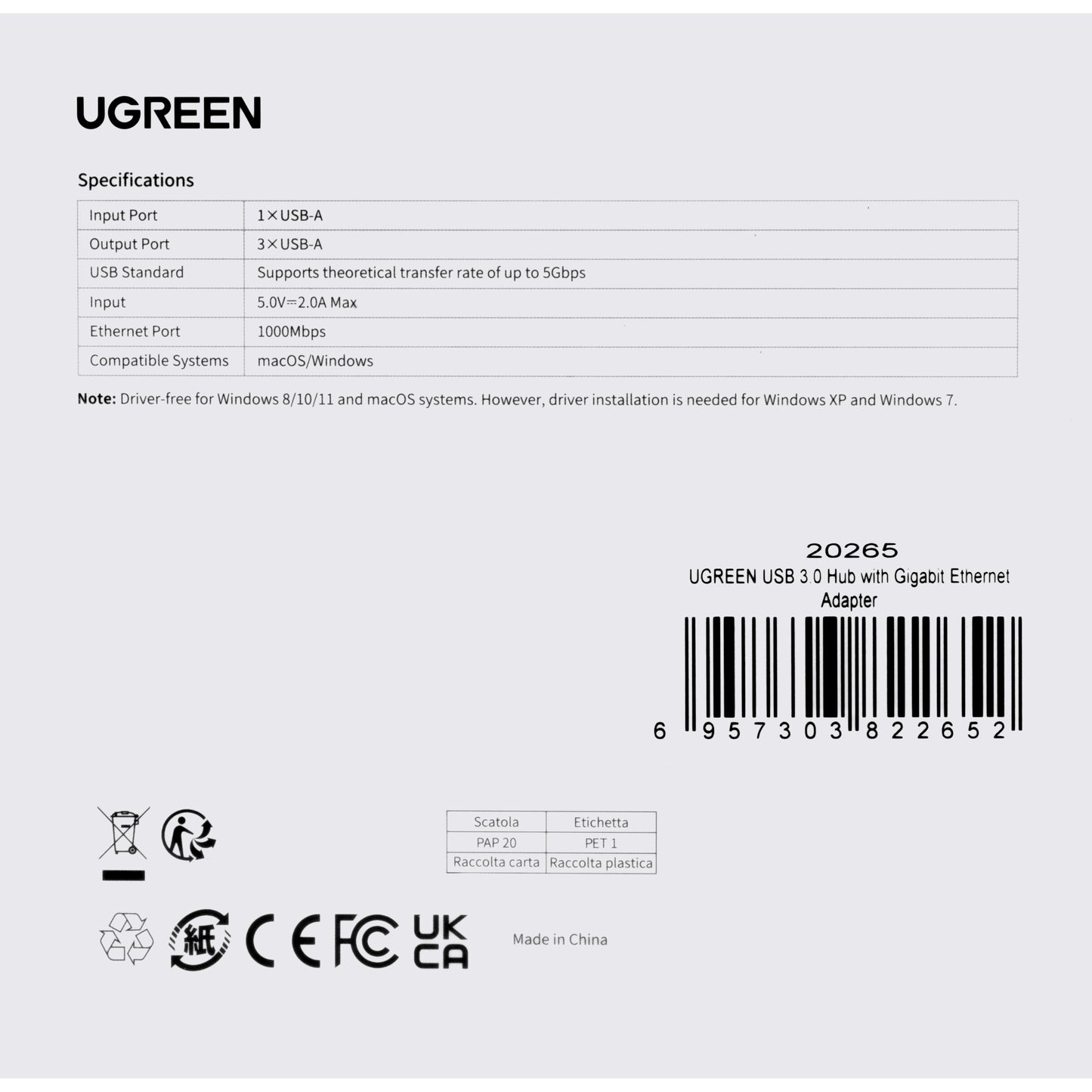 Hub USB UGREEN 20265, 3 x USB-A 3.0 - 1 x RJ45, Czarny