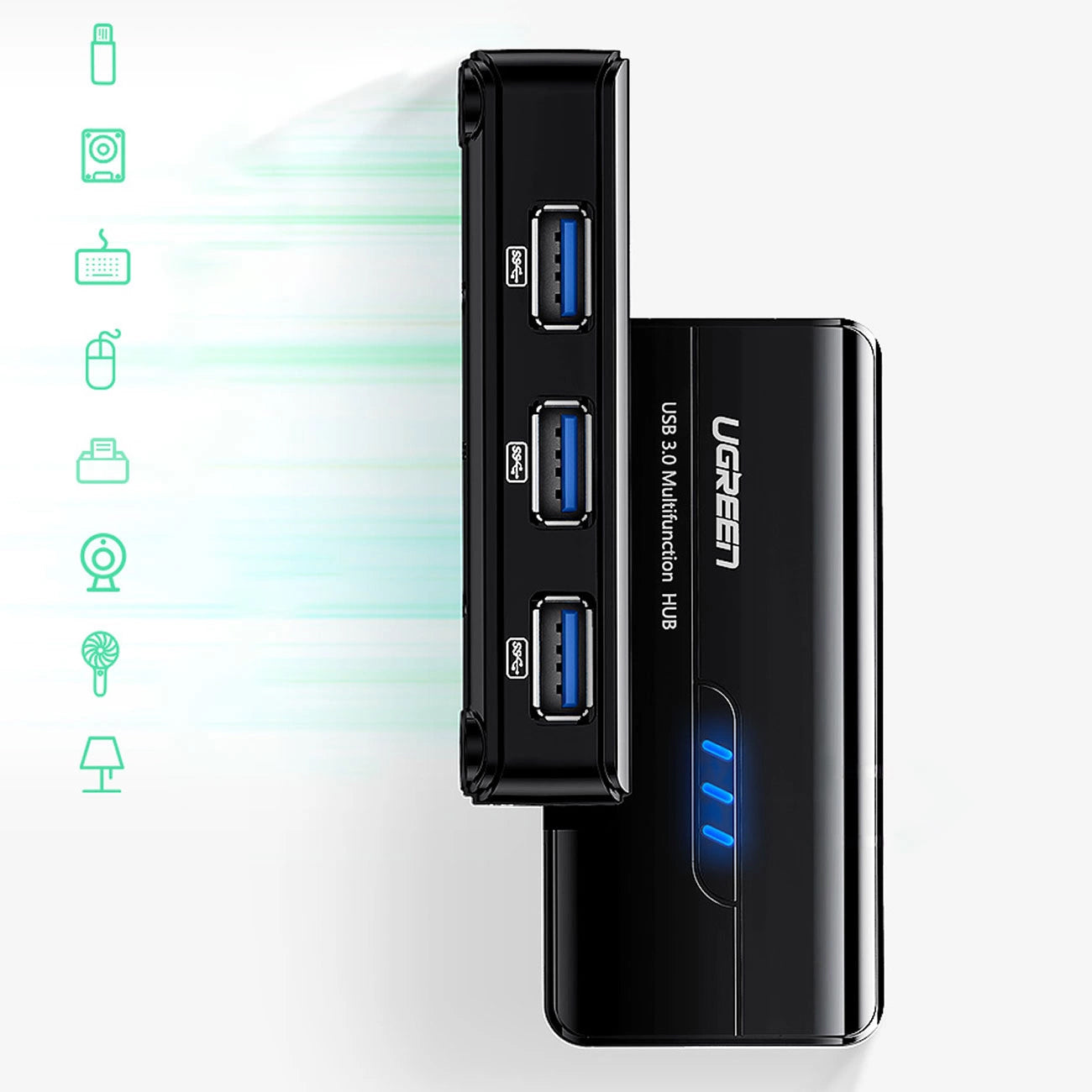 Hub USB UGREEN 20265, 3 x USB-A 3.0 - 1 x RJ45, Czarny