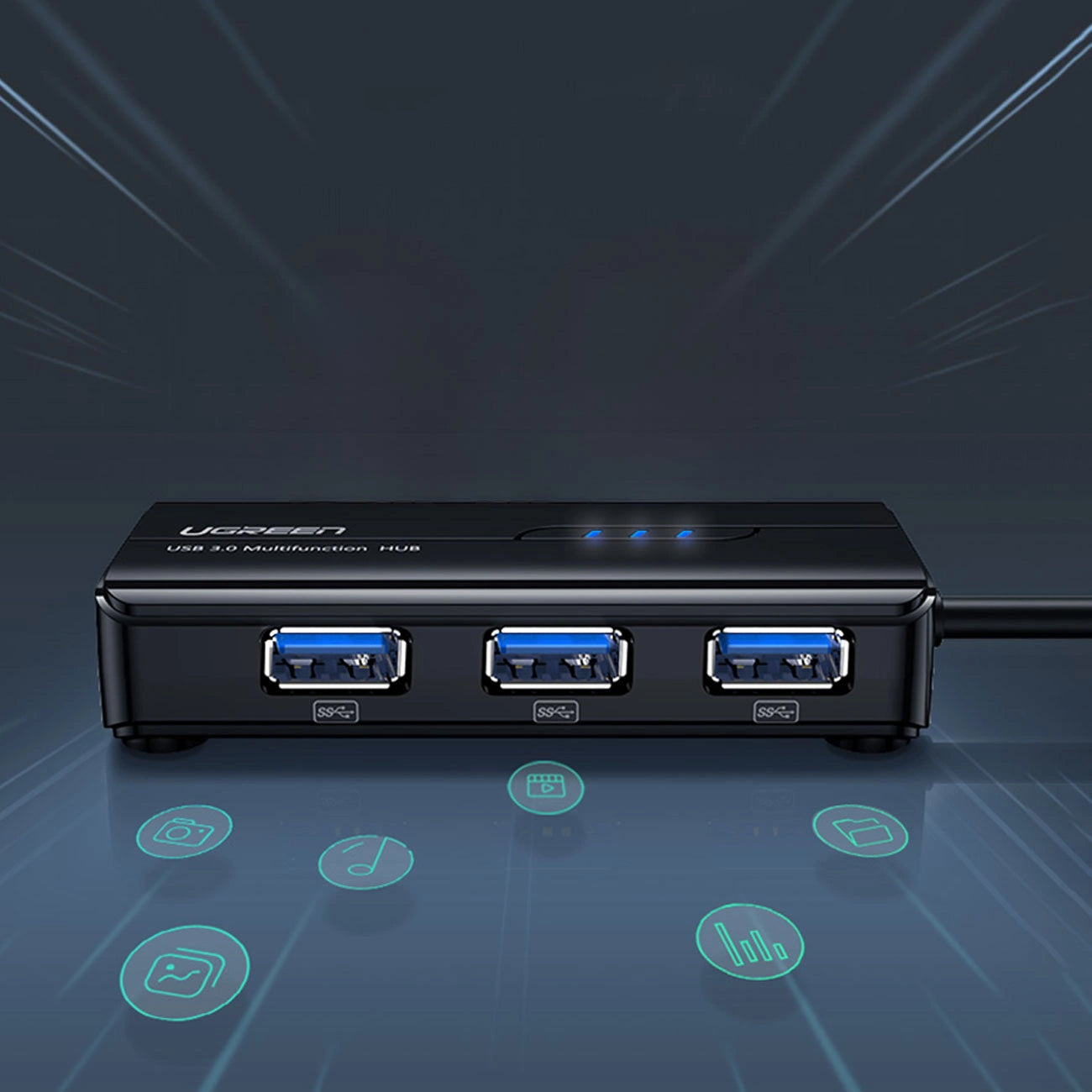Hub USB UGREEN 20265, 3 x USB-A 3.0 - 1 x RJ45, Czarny