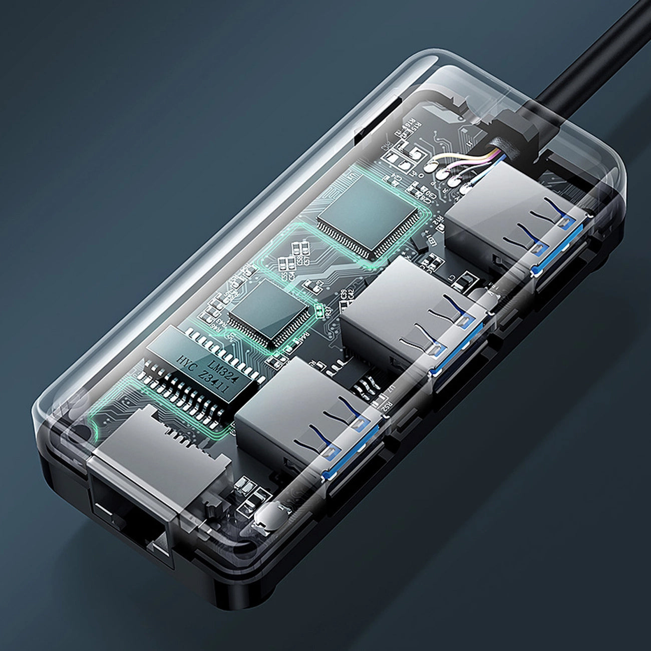 Hub USB UGREEN 20265, 3 x USB-A 3.0 - 1 x RJ45, Czarny