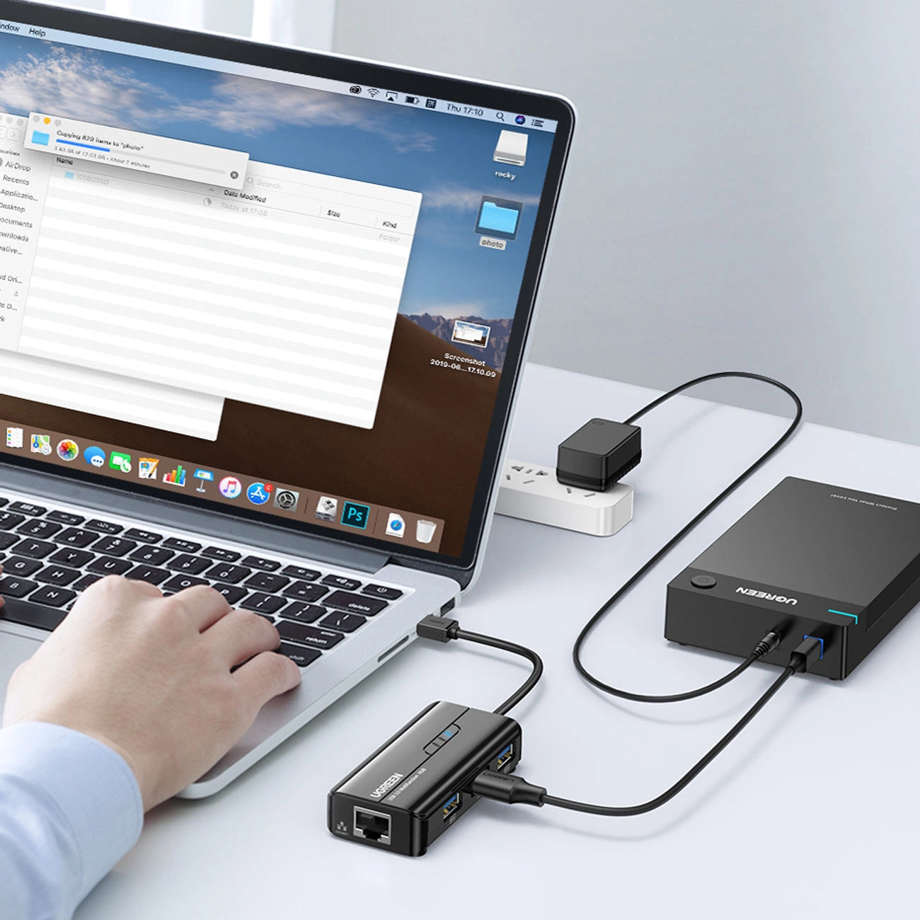 Hub USB UGREEN 20265, 3 x USB-A 3.0 - 1 x RJ45, Czarny