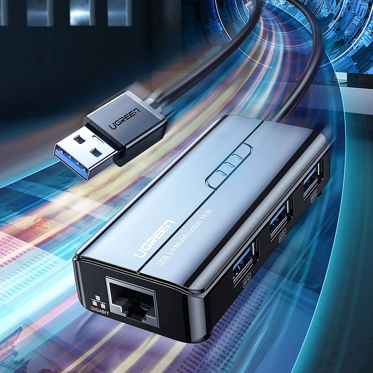 Hub USB UGREEN 20265, 3 x USB-A 3.0 - 1 x RJ45, Czarny