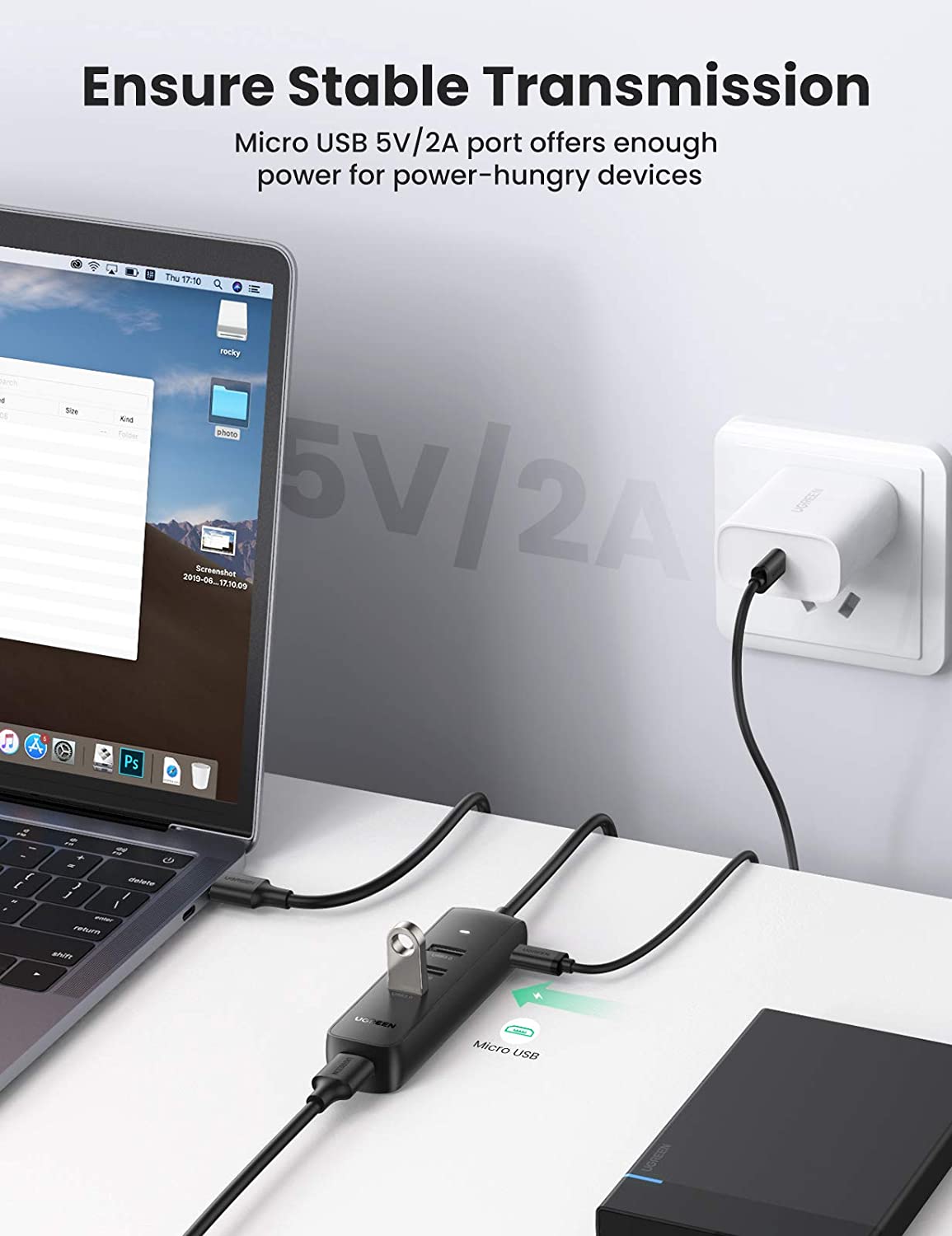 Hub USB UGREEN CM416, 4 x USB-A 3.0, 1m, Czarny