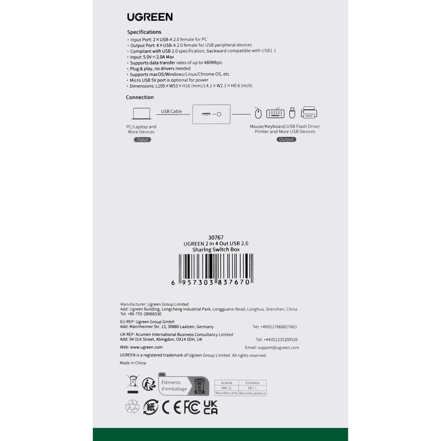 Switch USB UGREEN US216 Two Sharing Box, 4 x USB-A, Czarny