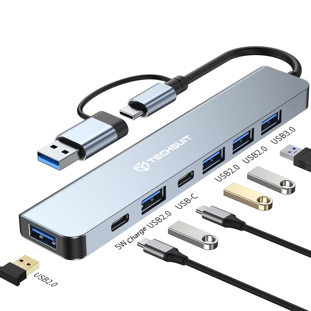 Hub USB / USB-C Techsuit H6 DataBridge, 7w1, Szary