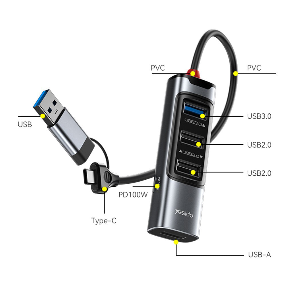 Hub USB / USB-C Yesido HB20, 5w1, Szary