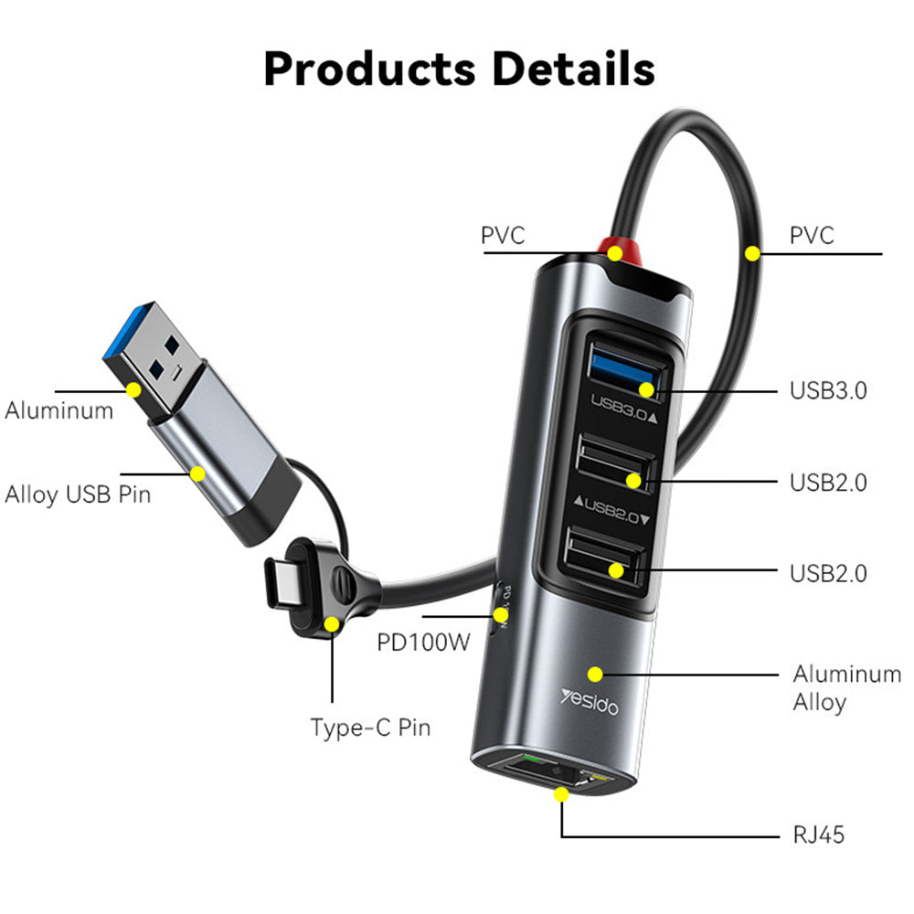 Hub USB / USB-C Yesido HB21, 5w1, Szary