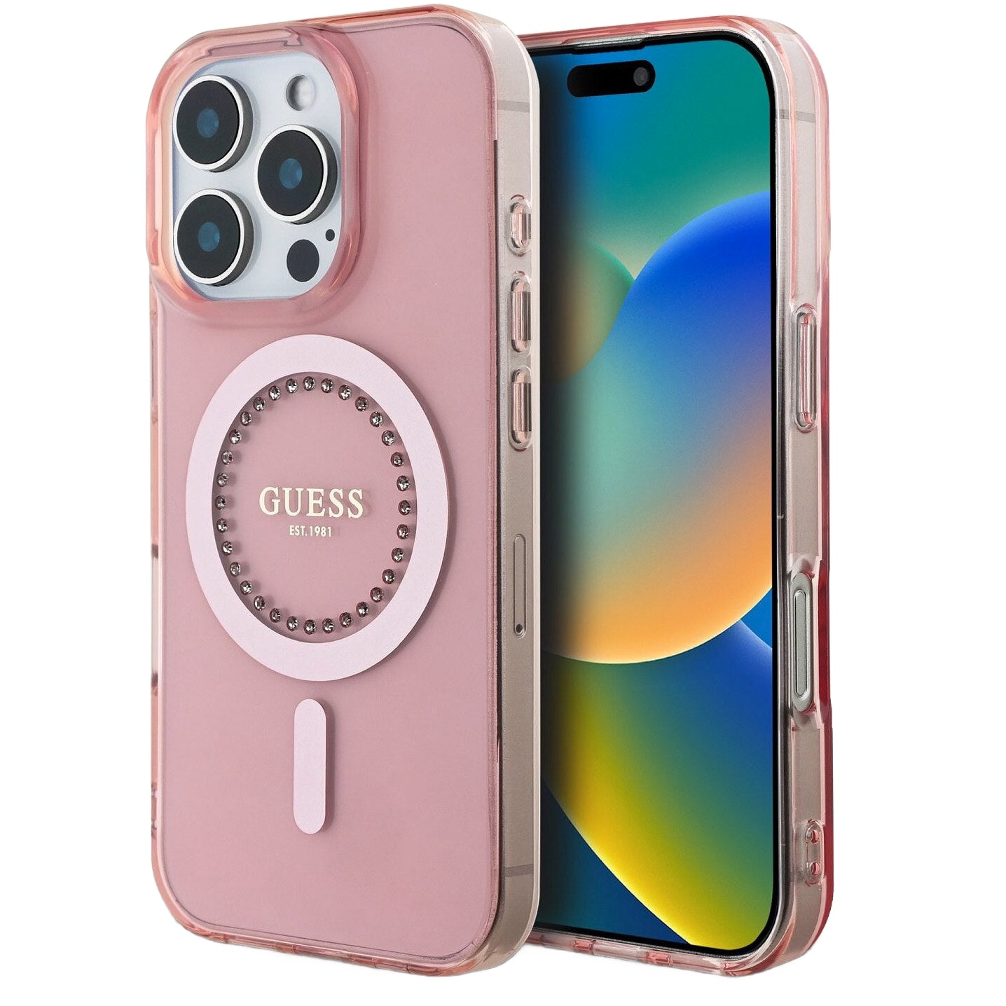Etui MagSafe dla Apple iPhone 16 Pro Max, Guess, IML Rhinestones Ring, Różowy GUHMP16XPFTDTEP