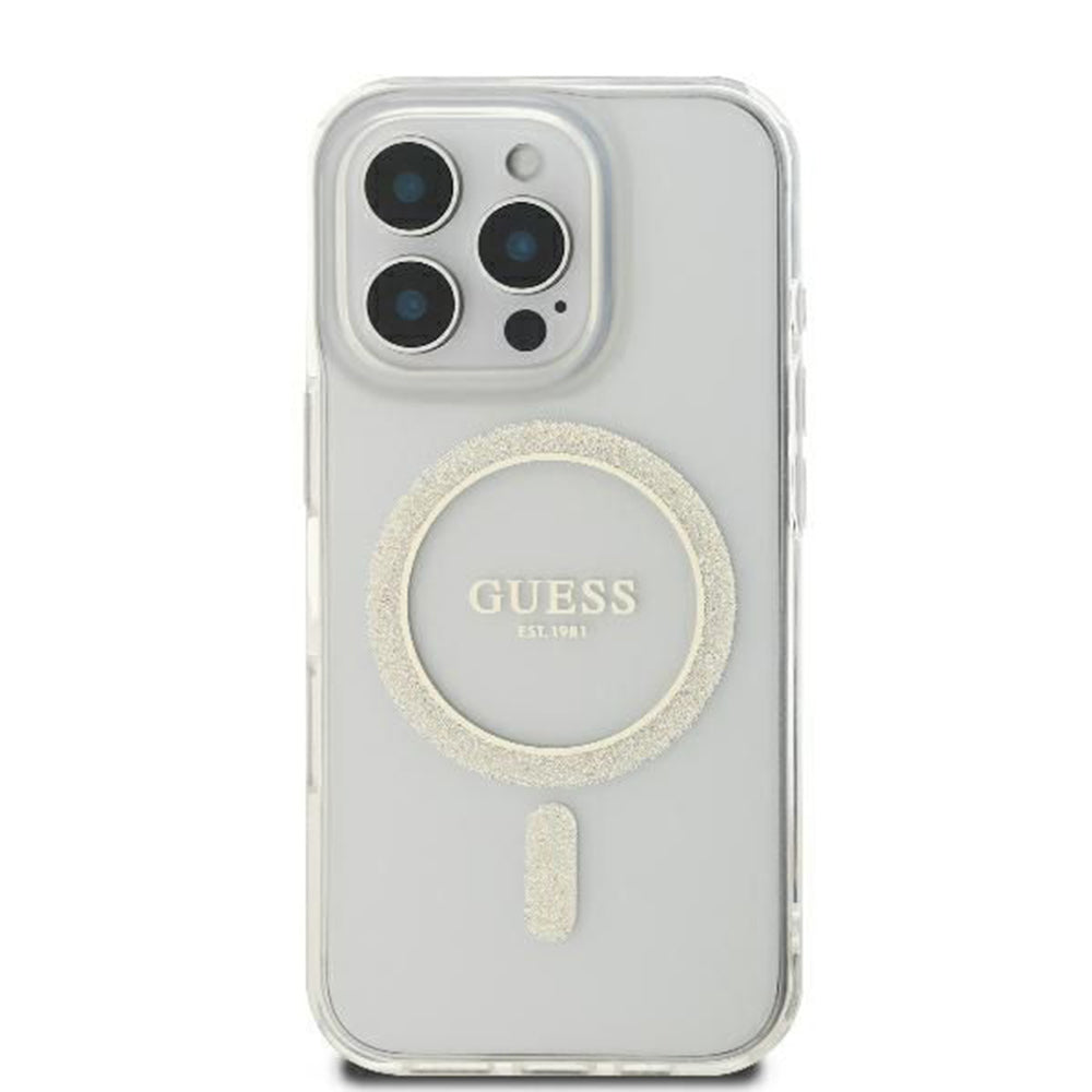 Etui MagSafe dla Apple iPhone 16 Pro, Guess, IML Glitter Ring, Przezroczyste GUHMP16LHFGERET