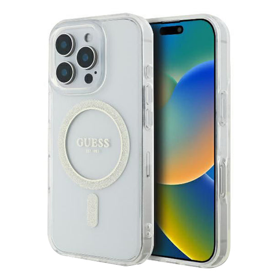 Etui MagSafe dla Apple iPhone 16 Pro, Guess, IML Glitter Ring, Przezroczyste GUHMP16LHFGERET