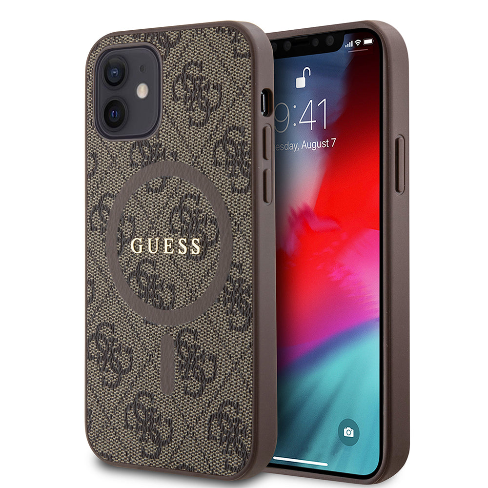 Etui MagSafe dla Apple iPhone 12 / 12 Pro, Guess, 4G Ring Classic Logo, Brązowy