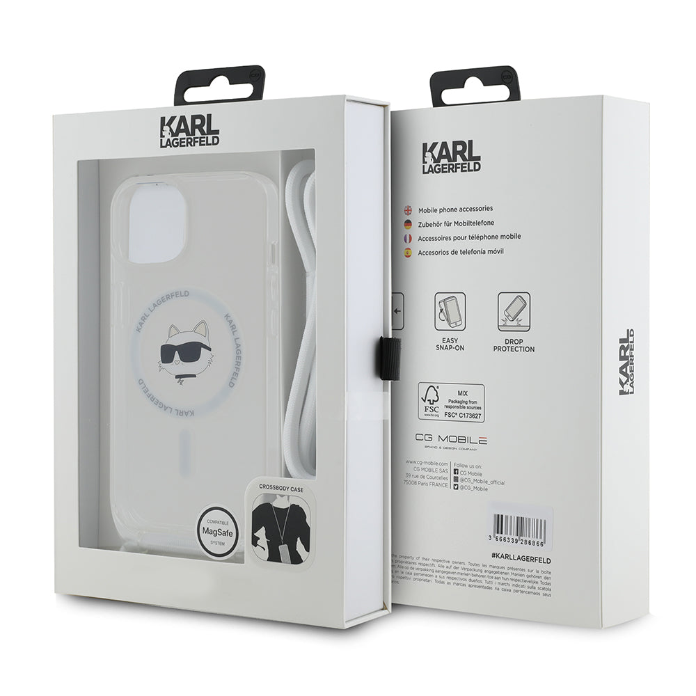 Etui MagSafe dla Apple iPhone 14, Karl Lagerfeld, IML Crossbody Choupette's Head with Strap, Przezroczyste