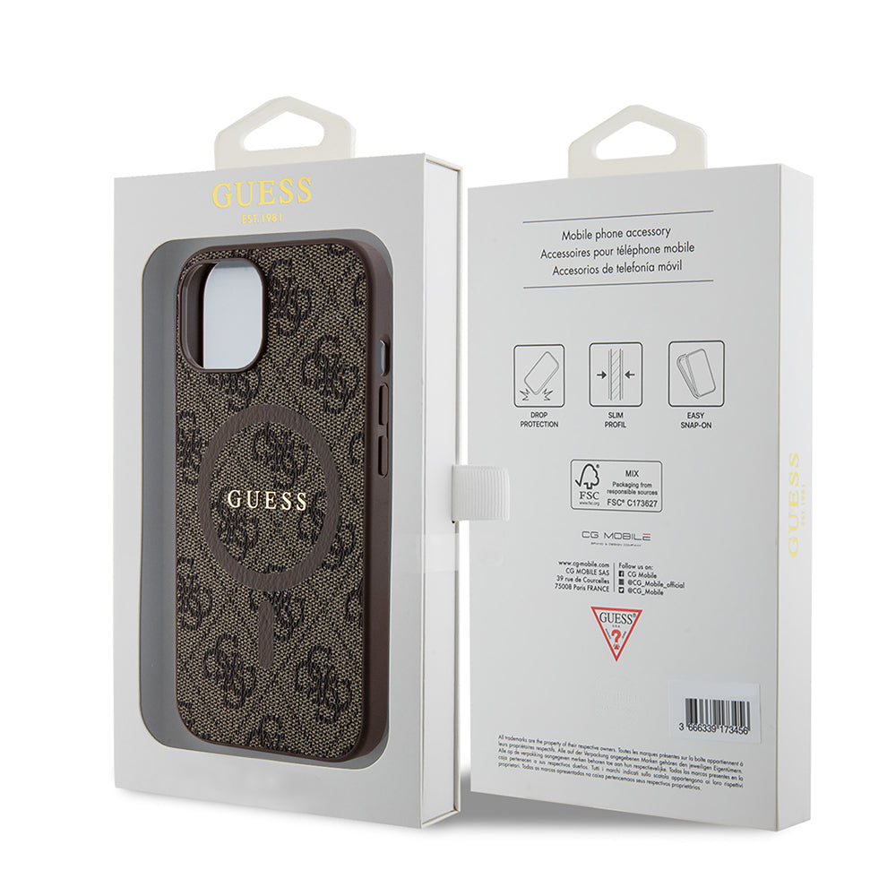 Etui MagSafe dla Apple iPhone 15, Guess, Kolekcja 4G, Brązowy