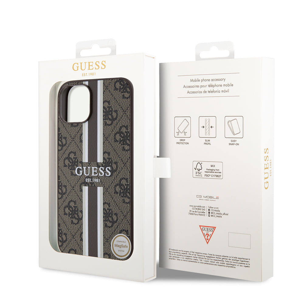 Etui MagSafe dla Apple iPhone 15, Guess, 4G Printed Stripes, Brązowy