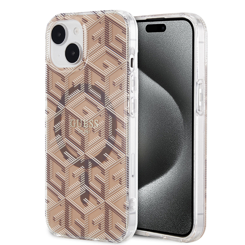 Etui MagSafe dla Apple iPhone 15, Guess, IML Gcube, Brązowy