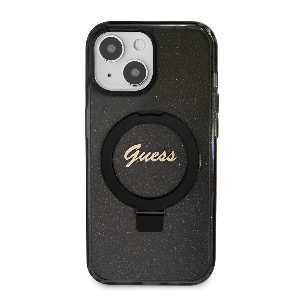 Etui MagSafe dla Apple iPhone 15, Guess, Ring Stand Script Glitter, Czarne