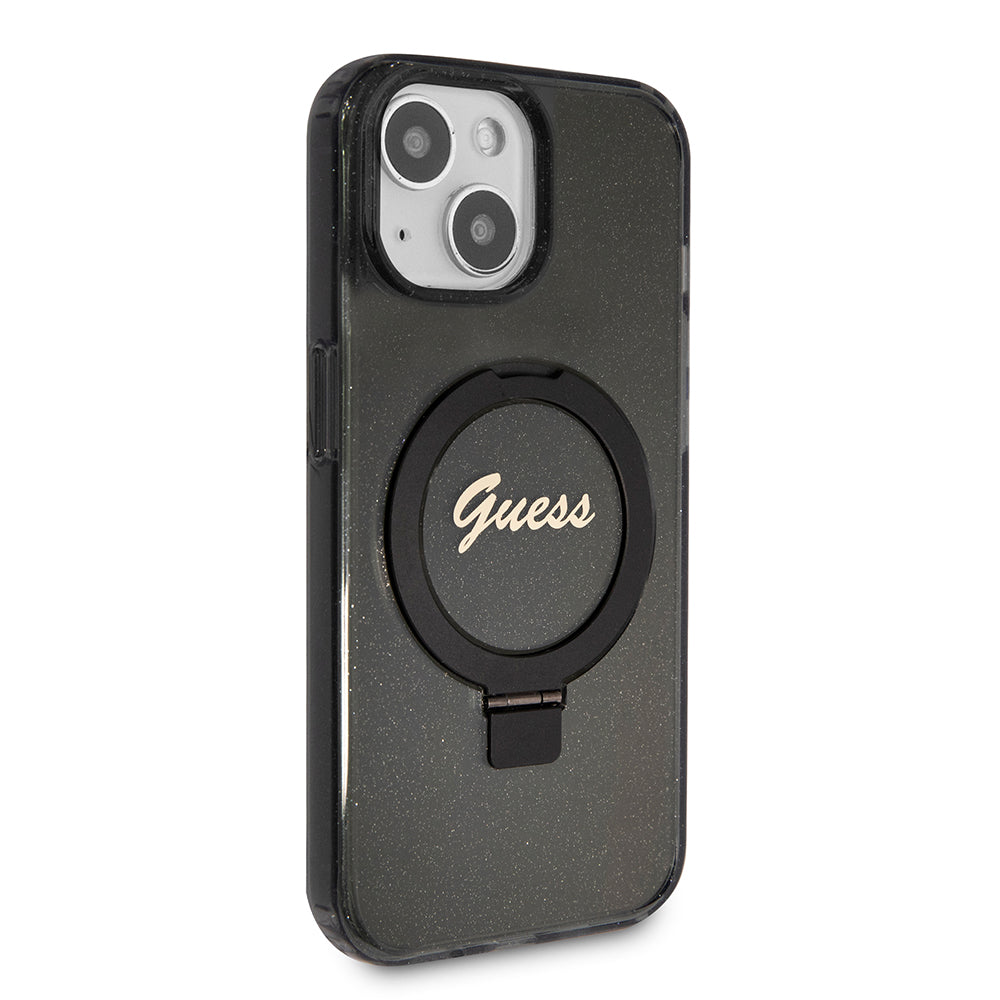 Etui MagSafe dla Apple iPhone 15, Guess, Ring Stand Script Glitter, Czarne