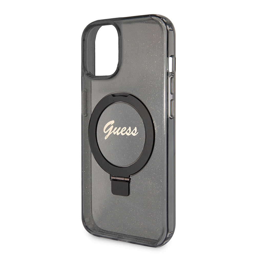 Etui MagSafe dla Apple iPhone 15, Guess, Ring Stand Script Glitter, Czarne