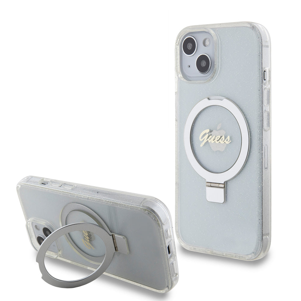 Etui MagSafe dla Apple iPhone 15, Guess, Ring Stand Script Glitter, Przezroczyste