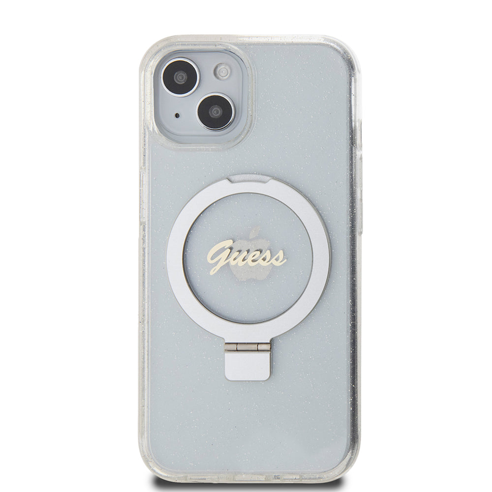 Etui MagSafe dla Apple iPhone 15, Guess, Ring Stand Script Glitter, Przezroczyste