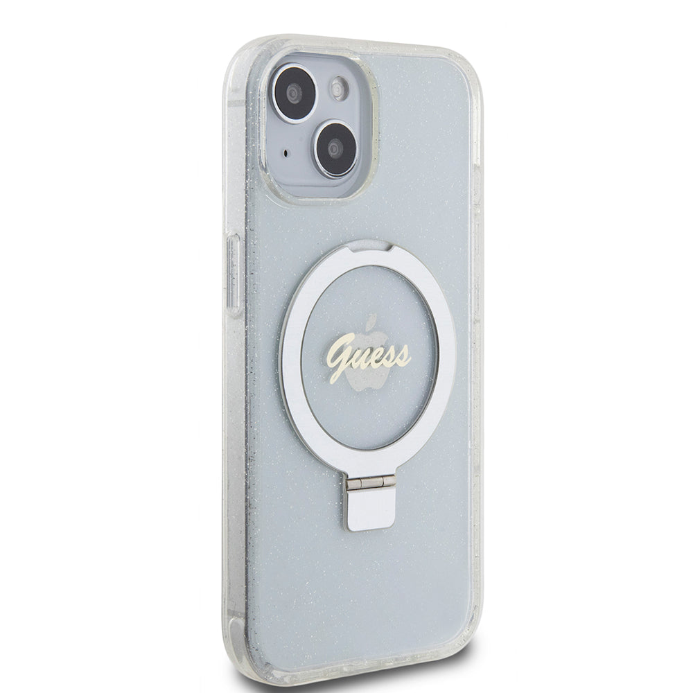 Etui MagSafe dla Apple iPhone 15, Guess, Ring Stand Script Glitter, Przezroczyste