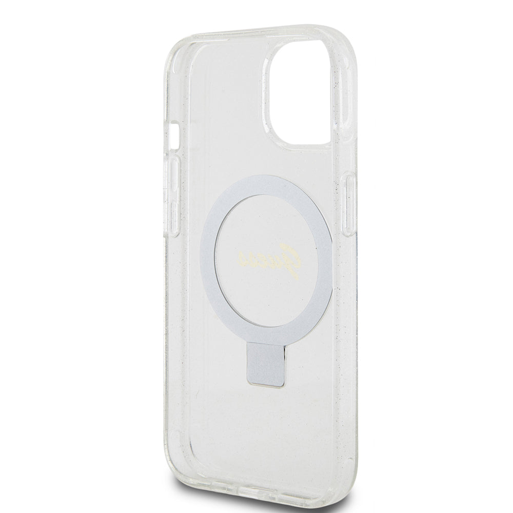 Etui MagSafe dla Apple iPhone 15, Guess, Ring Stand Script Glitter, Przezroczyste