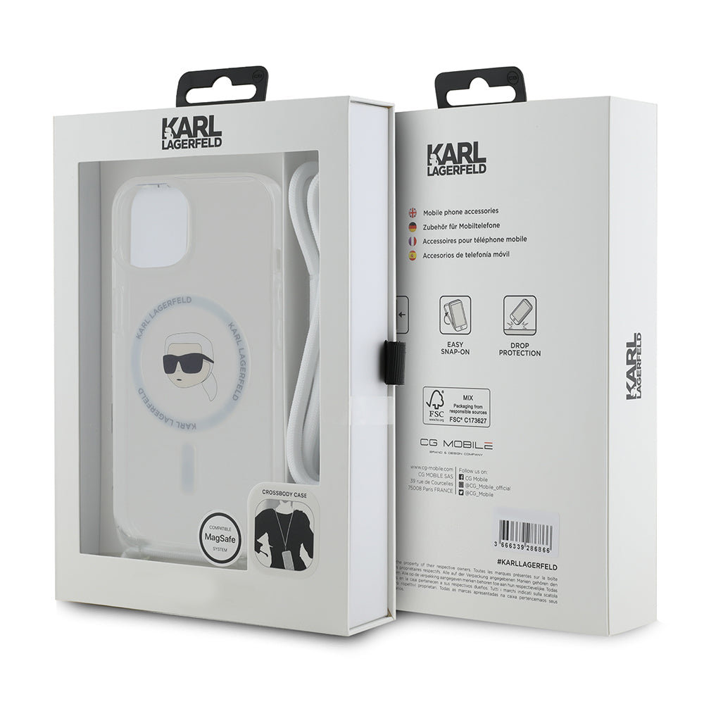 Etui MagSafe dla Apple iPhone 15, Karl Lagerfeld, IML Crossbody Karl's Head, Przezroczyste