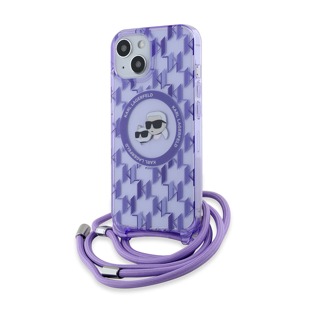 Etui MagSafe dla Apple iPhone 15, Karl Lagerfeld, IML Crossbody Monogram Karl & Choupette's Heads, Fioletowy