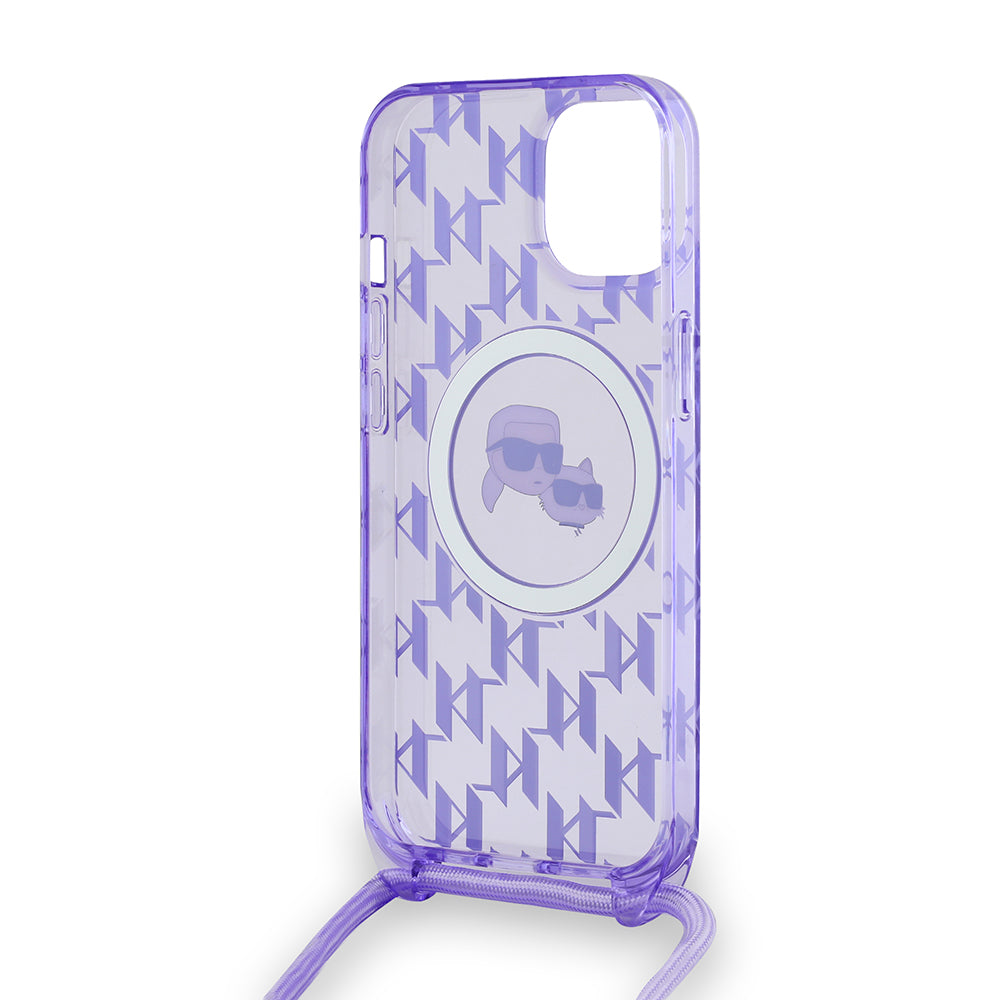 Etui MagSafe dla Apple iPhone 15, Karl Lagerfeld, IML Crossbody Monogram Karl & Choupette's Heads, Fioletowy
