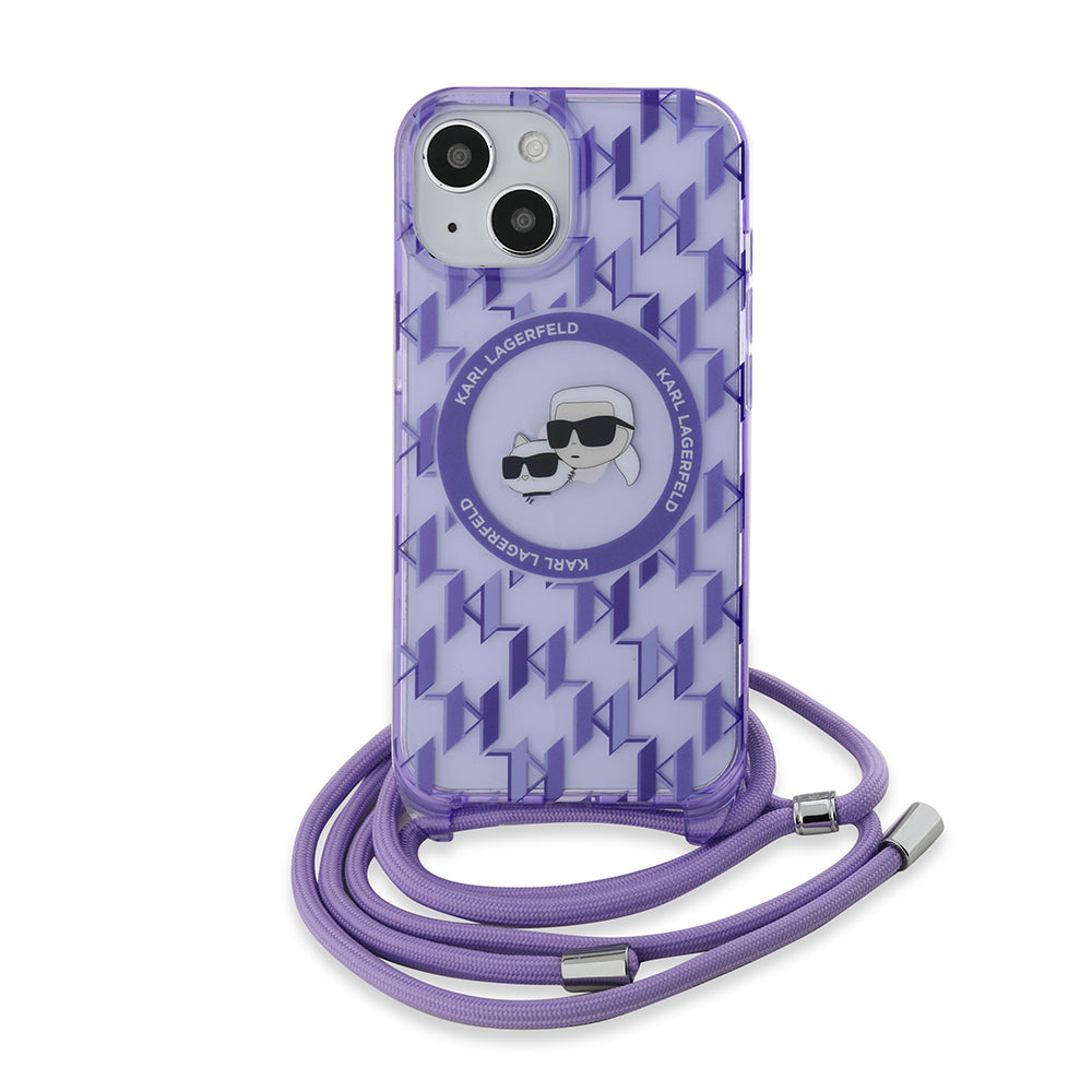 Etui MagSafe dla Apple iPhone 15, Karl Lagerfeld, IML Crossbody Monogram Karl & Choupette's Heads, Fioletowy