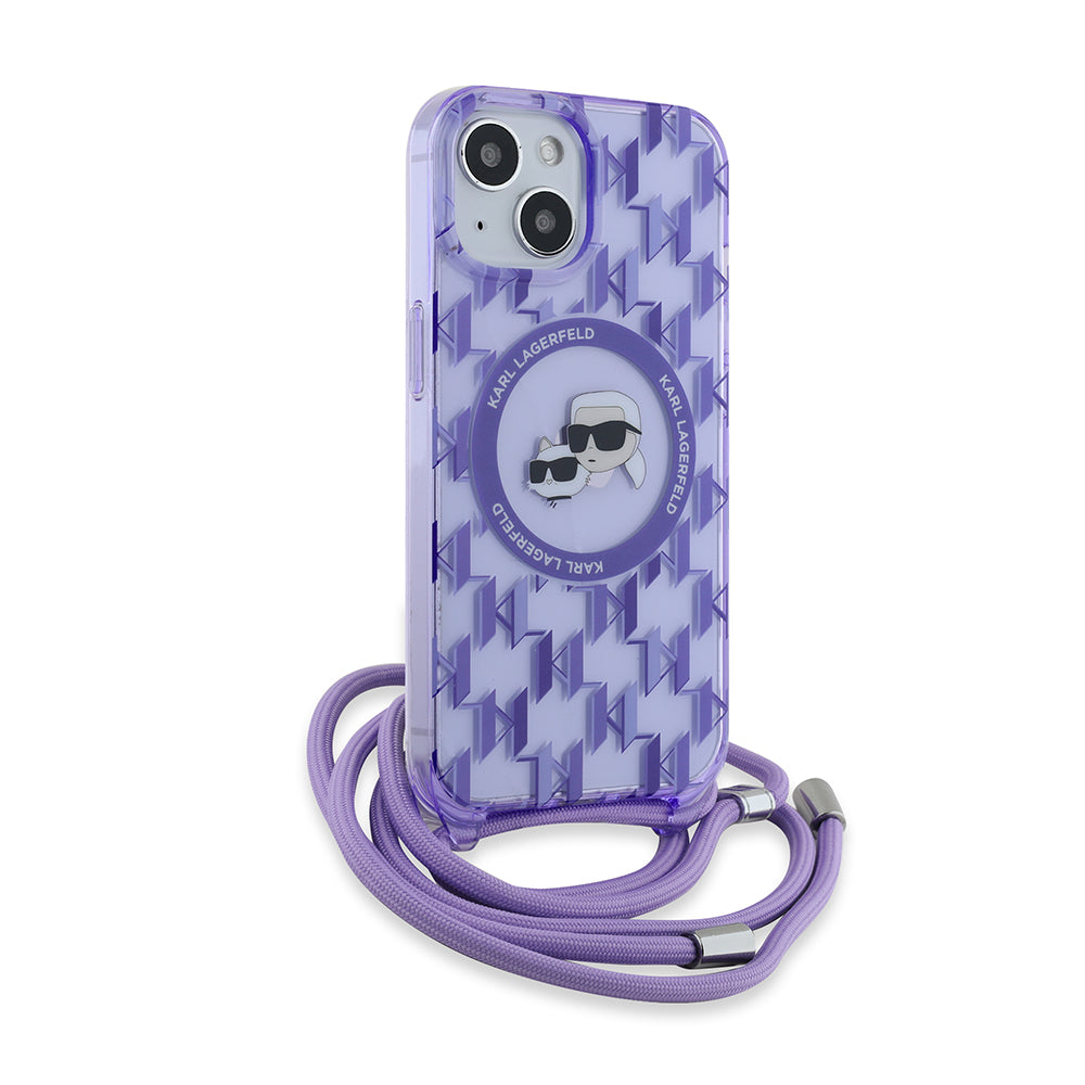Etui MagSafe dla Apple iPhone 15, Karl Lagerfeld, IML Crossbody Monogram Karl & Choupette's Heads, Fioletowy